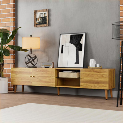 Meuble télé 70 po chêne Mid-Century avec rangement | Panneau de fibres à densité moyenne | Salon