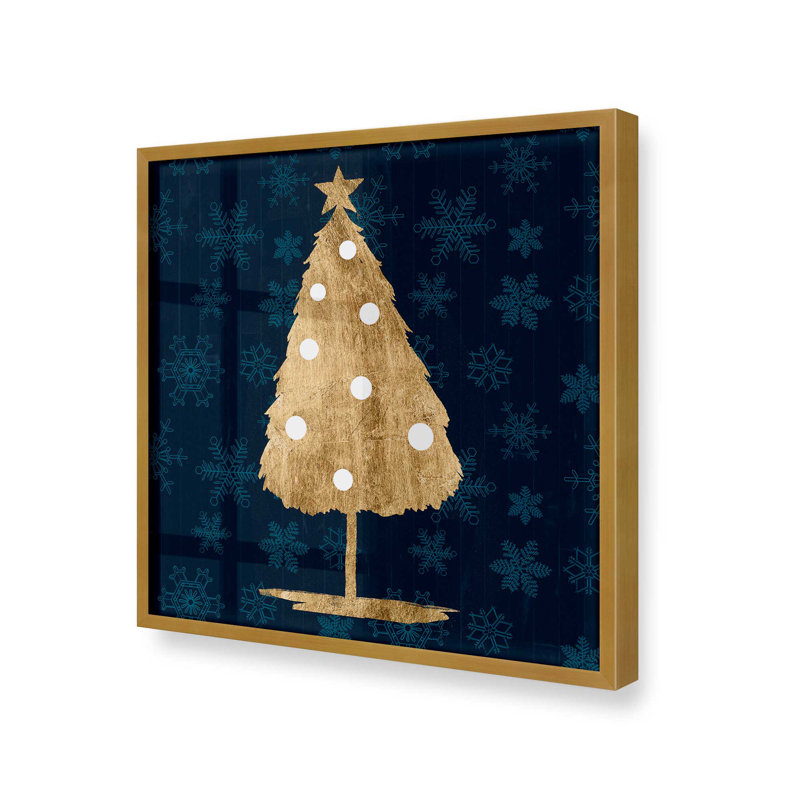 Arbre des Fêtes avec imprimé bleu marine I, H 13,75 po x l 13,75 po, Cadre simple en or poli, bois massif