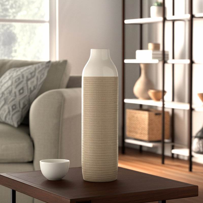 Stoneware Ceramic Vase - Textured Casual Home Decor Accent with Grid Relief Design, 16" H x 5" W x 5" D, 2 Tone Tan