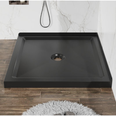 36"X36" Shower Base 3.3" Height Anti-Slip Acrylic Center Drain Double Threshold Shower Basin In Black