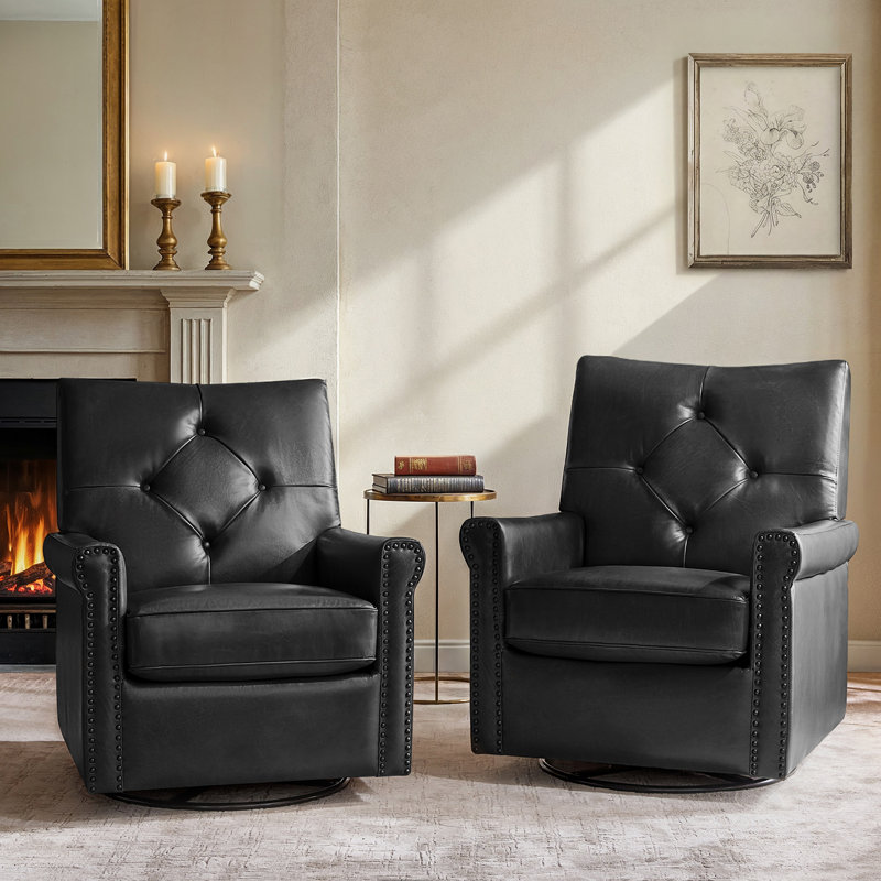 Chaise berçante pivotante en cuir véritable de 31 po avec dossier capitonné et garniture cloutée Stratton, Noir