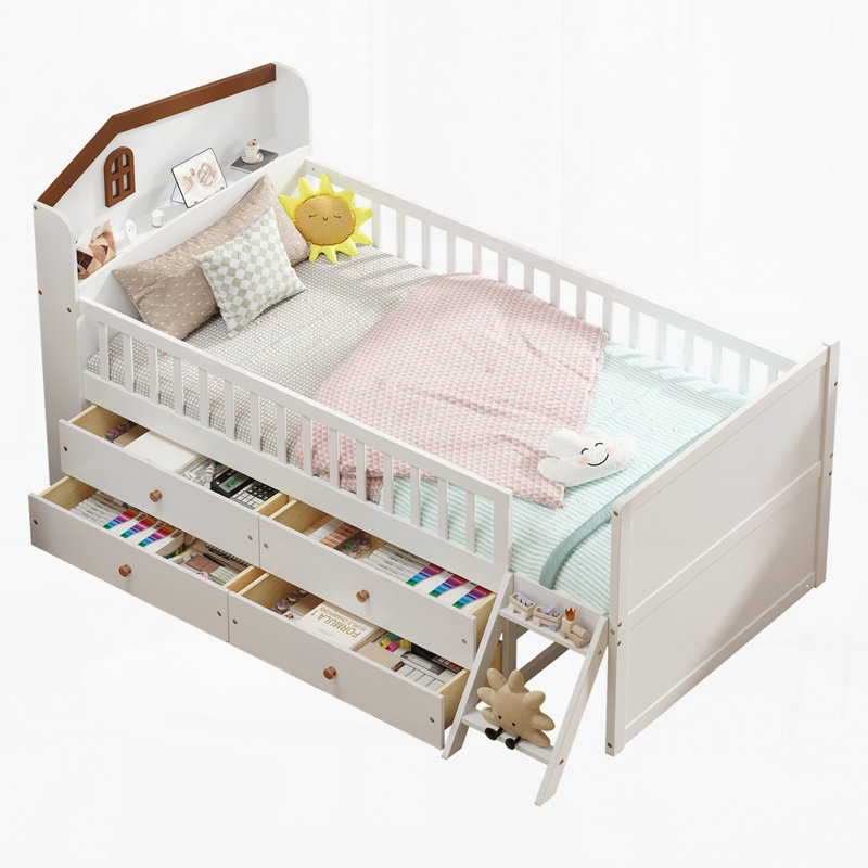 Base de lit en bois avec rangement 4 tiroirs, Blanc