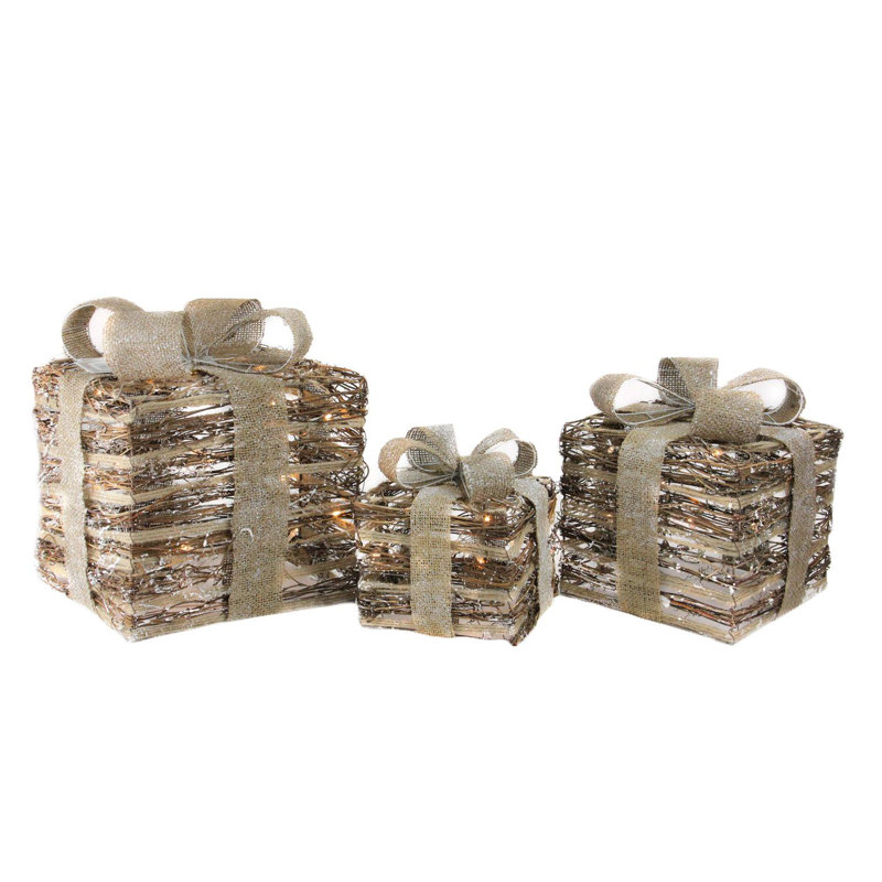 Brown Rattan Lighted Gift Boxes with Burlap Bows Set