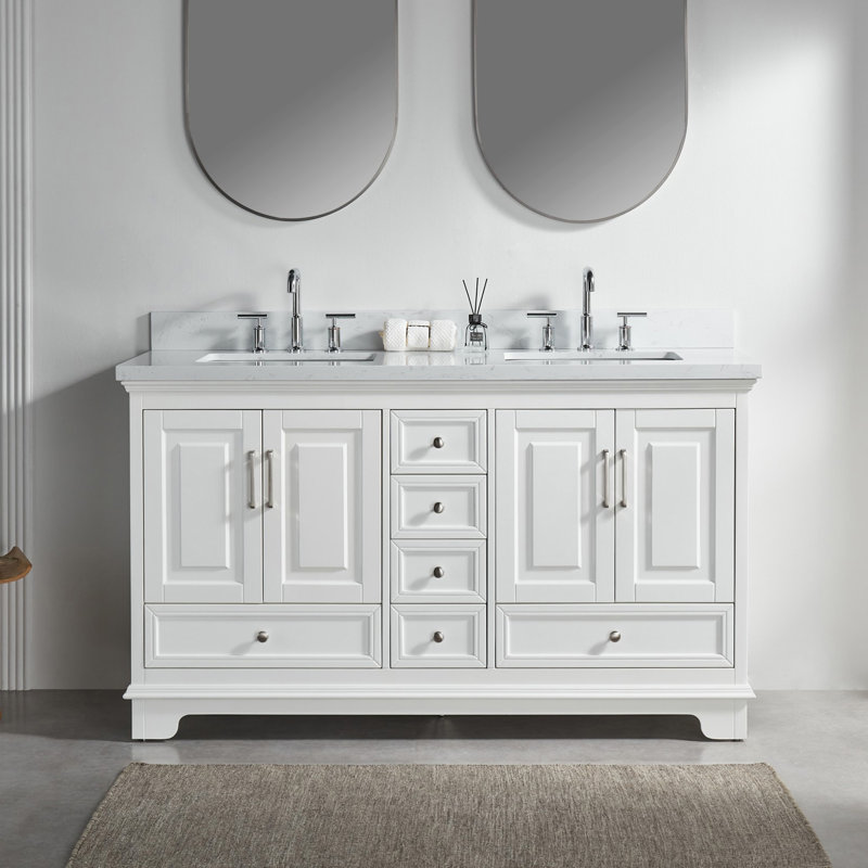 Meuble-lavabo double autoportant de 60 po avec pierre artificielle entièrement assemblé, Blanc