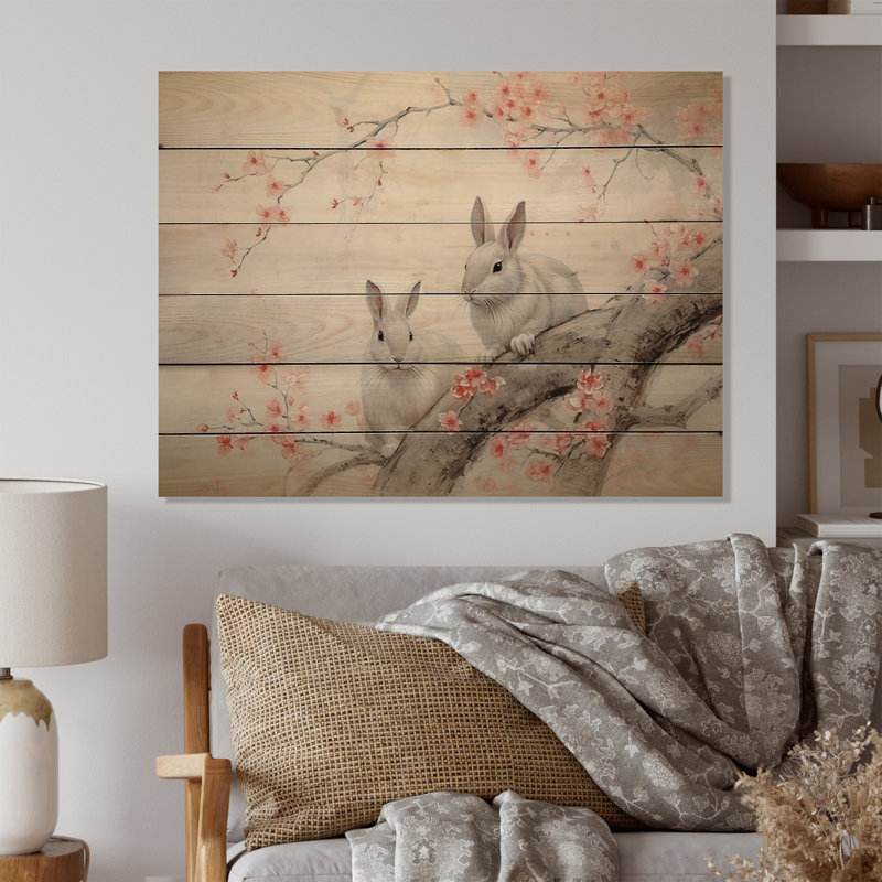 Asian Art Rabbit Familly IV sur impression sur bois, H 30 po x l 40 po x P 0,78 po