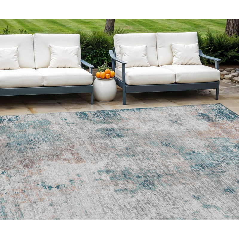 Tapis extérieur lavable abstrait bleu sarcelle 8 pi x 10 pi bleu sarcelle et cuivre