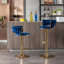 2 tabourets de bar, thème velours bleu, pieds dorés, repose-pieds et base, hauteur réglable avec moteur de levage mécanique à 2 pieds