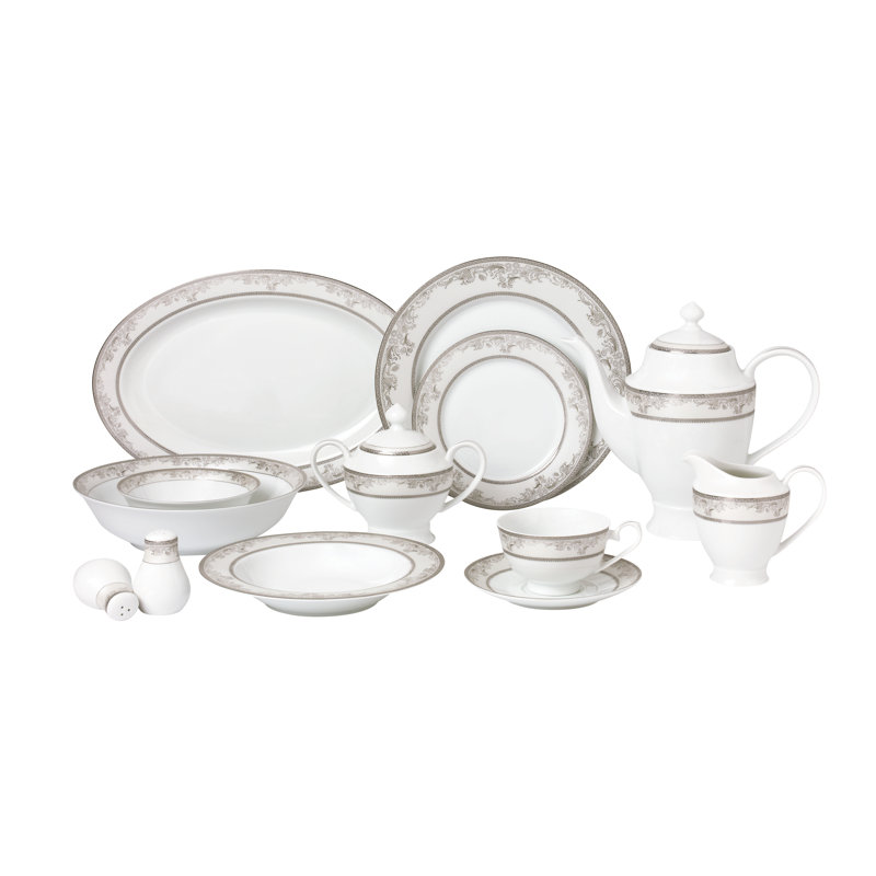 Service de vaisselle La Luna en porcelaine tendre pour huit personnes de cinquante-sept articles de Lorren Home Trends