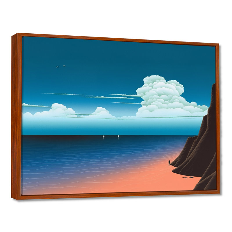 Bleu profond océan Horizon montagne nuages - plage et océan, art mural, Toile avec cadre flottant brun