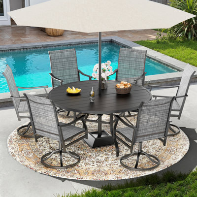 6 Person Round Outdoor Dining Set With Swivel Chair