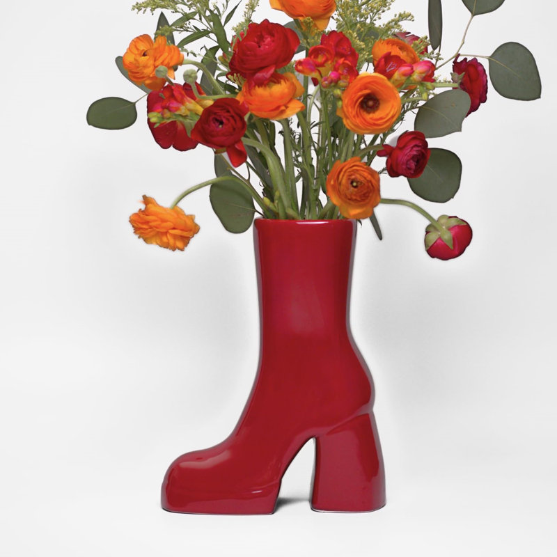Red Ceramic Boot Vase for Table Decor