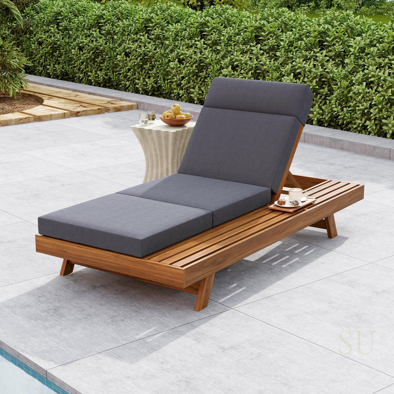 Acacia Wood Chaise Lounge Set With Adjustable Headrest And Water-Resistant Cushions, Ideal For Outdoor Relaxation And Comfort.