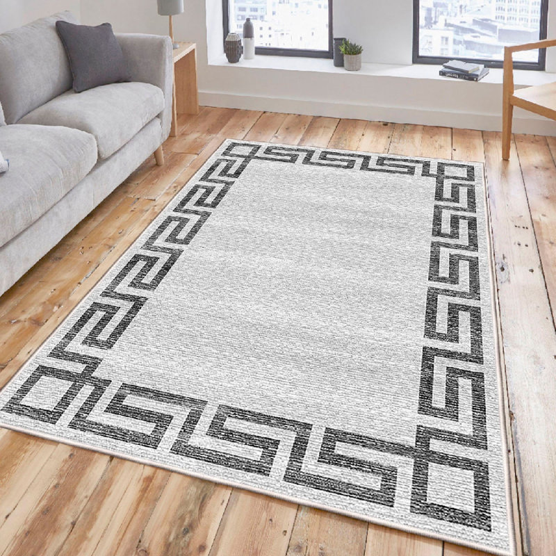 Stylish Cotton Area Rug (5.2 x 7.5 Feet), Cream & Grey/Black | 100% Cotton, 1200 GSM, 0.4 in Pile Height | Antibacterial, Non-Slip PVC Underside, Machine Washable | Perfect for Living Room, Bedroom & Dining Areas