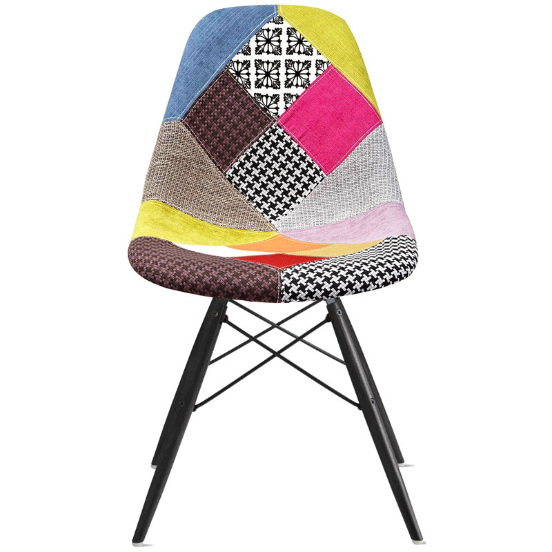 Set of 2 Molded Shell Designer Assemble Dinning Chair Side No Arms Wheels Armless Black Wood Wooden Eiffel for Dining Room Bedroom Kitchen, Patchwork Ann