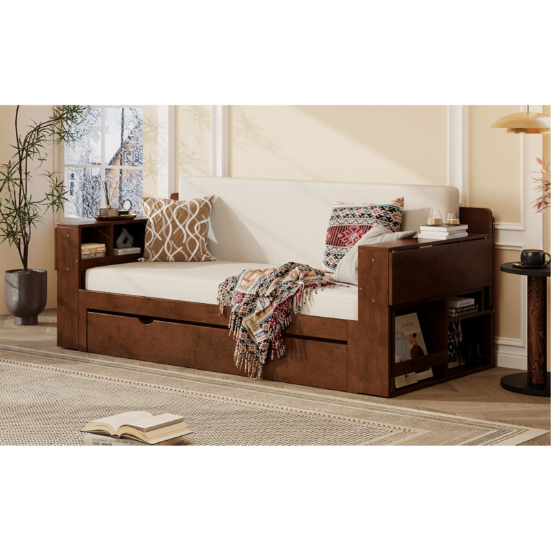 Lit de jour avec bureau amovible, tiroirs de rangement et table d'appoint hydraulique, Grand lit, Espresso