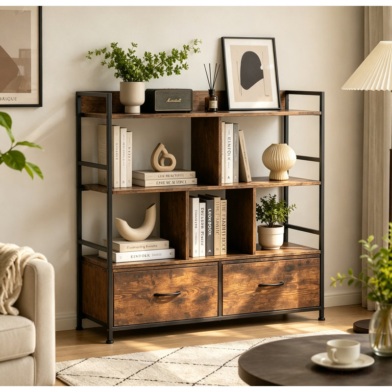 97 cm H x 100 cm W Steel Book Cabinet Bookcase, Rustic Brown