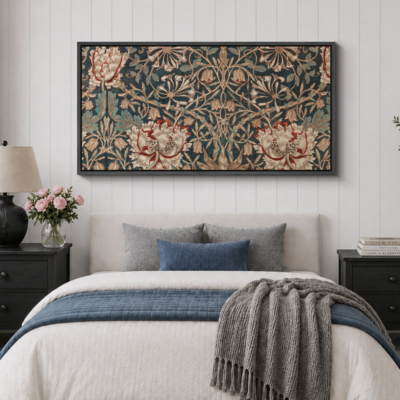 Abstract Botanical "Elegant Victorian Classic Floral Rustic Extra Large Framed Artwork Pictures, 30" H x 60" W, Black