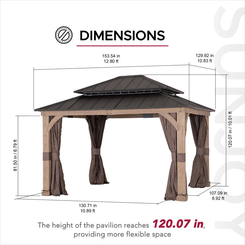 SUNJOY 11 x 13 ft. Wood Hardtop Gazebo with Customizable Nettings and Curtains, Pavilion Double Galvanized Steel Roof, for Ultimate Outdoor Enjoyment, Built-in Gutter for All-Season Comfort