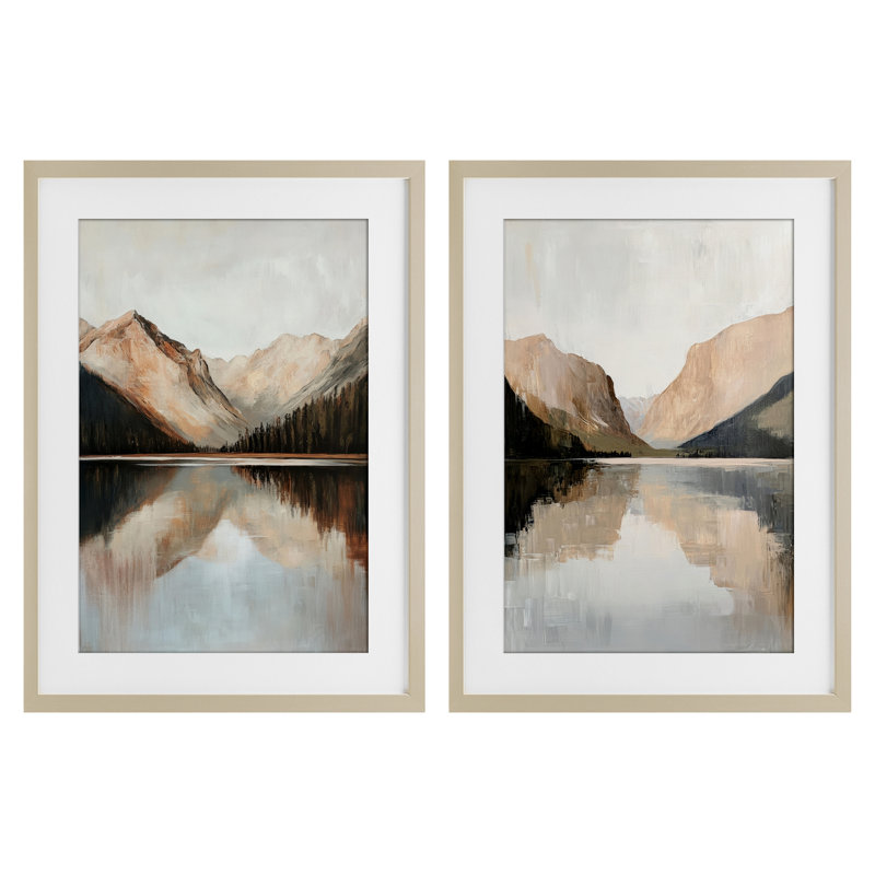 Rustic Mountain Reflection and Lakes, ensemble de 2 reproductions encadrées sous verre, par Petal Prints Design