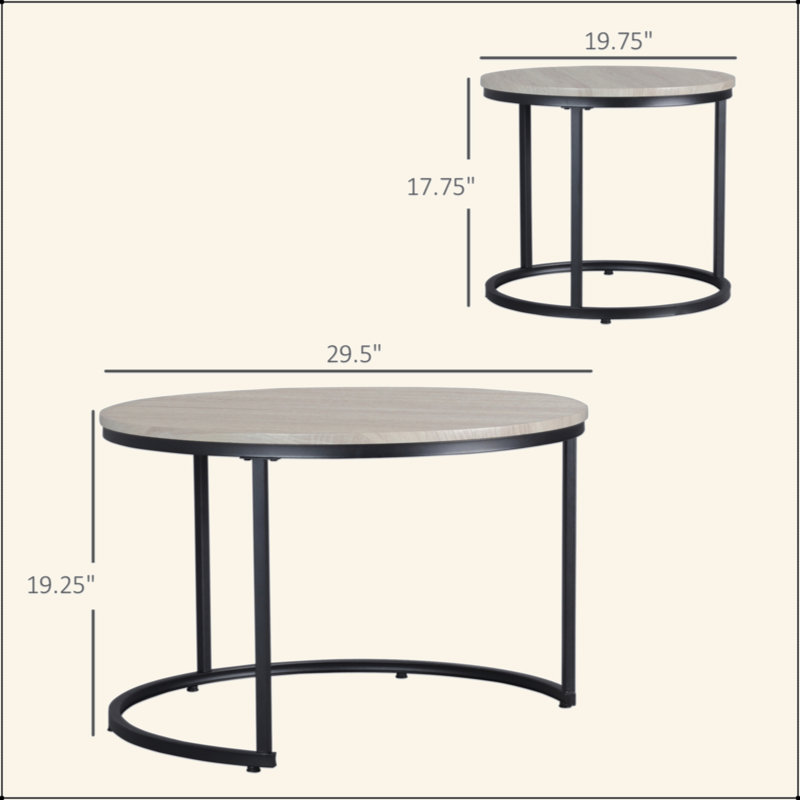 Ensemble de 2 tables gigognes rondes empilables avec cadre en métal pour le salon, gris