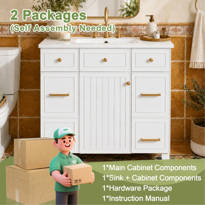 Meuble-lavabo 36 po avec lavabo en céramique, cadre en bois massif blanc, portes à fermeture en douceur, tablettes réglables, 3 tiroirs, y compris un tiroir à double profondeur pour le rangement du sèche-cheveux