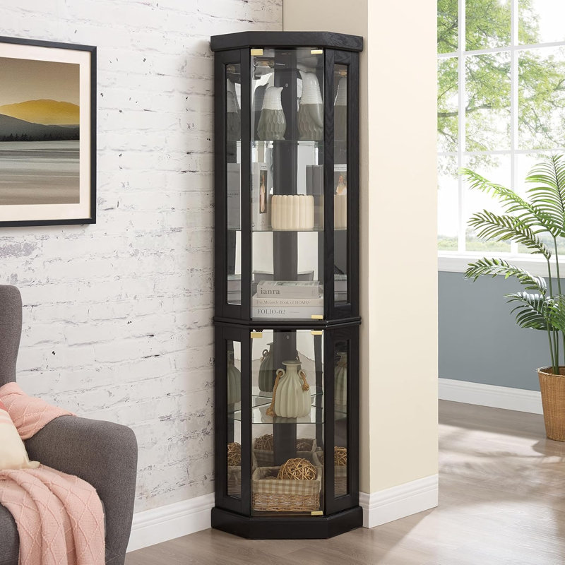 Lighted Corner Curio Cabinet In Black - Space-Saving 3-Sided Tempered Glass Display With Mirrored Back, Adjustable Glass Shelves & Wood Accent Storage For Living Room, Dining Room & Home Bar