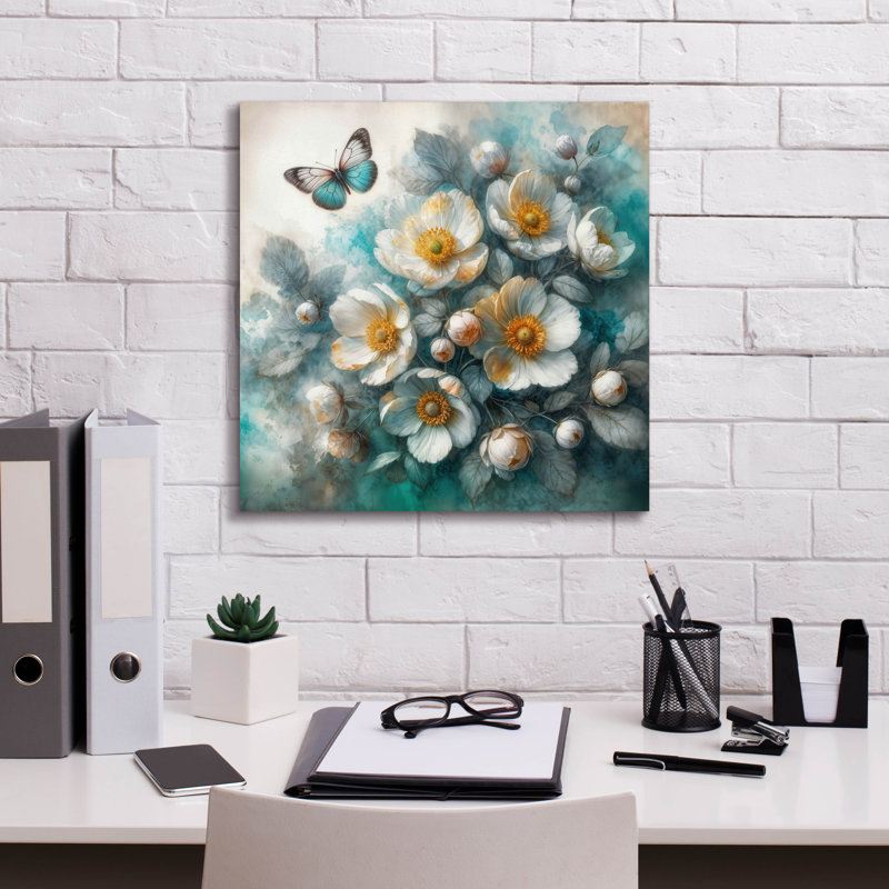  «Teal Flowers» par Rey Klimt, art mural sur toile, 18 po x 18 po, H 18 po x l 18 po
