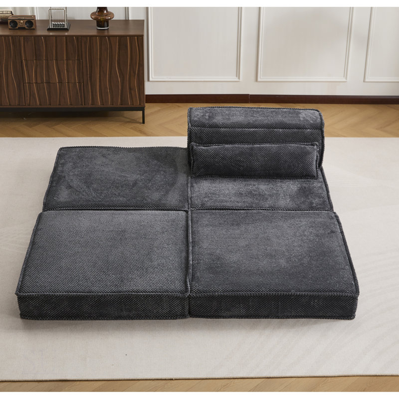 Compression Mahjong Sofa, Convertible Floor Sofa Bed, DIY Boneless Modular Sectional, No Assembly Required, Circle Fleece Fabric, Oversized Single Seater With Pillow And Ottoman