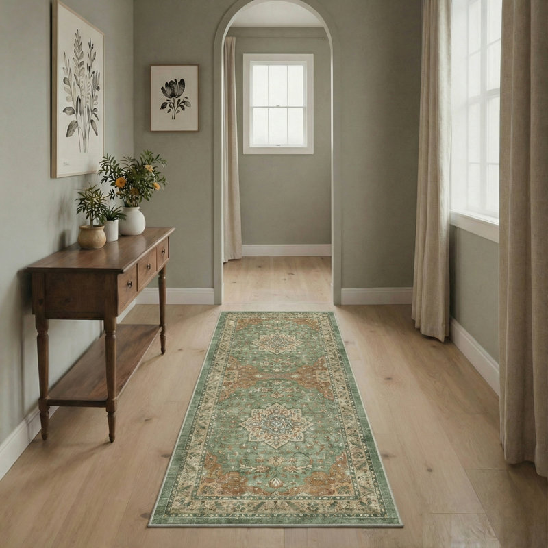 Roehit Safran Floral Machine Washable Green/Orange/Brown Indoor Oriental Performance Area Rug with Non-Slip Backing