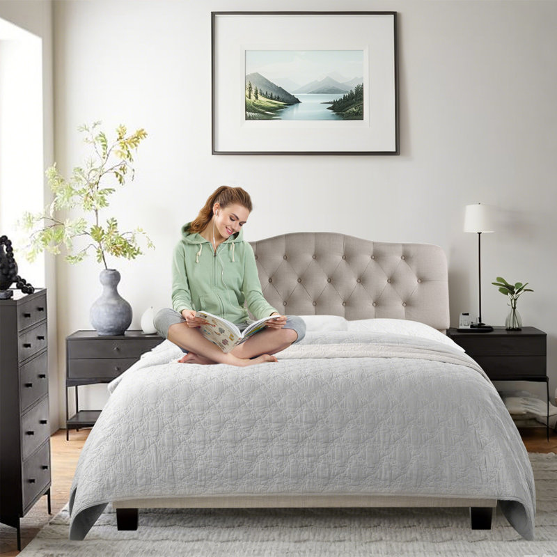 Tête de lit à hauteur réglable avec revêtement en lin et capitonnage pour la chambre à coucher, Grand lit, Beige