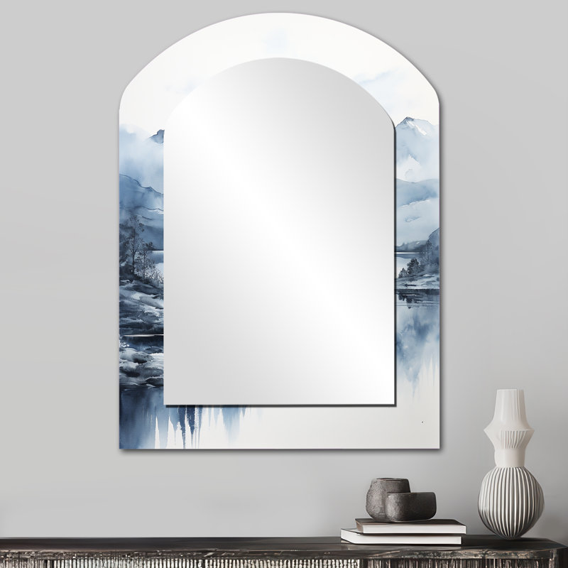 Gris gris bleu minimalisme forêt reflets I - grand miroir mural arqué sur métal, 34 po x 25 po