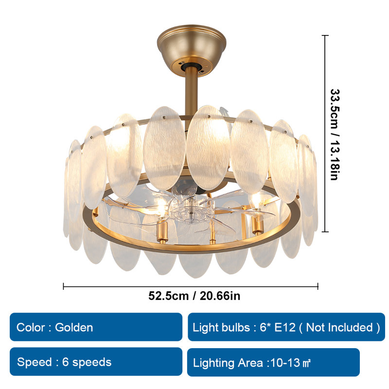 20.66 Inch Gold Crystal Fandelier Ceiling Fan With Light Remote Control, Caged With 6 Speeds For Bedroom, Nursery, Living Room