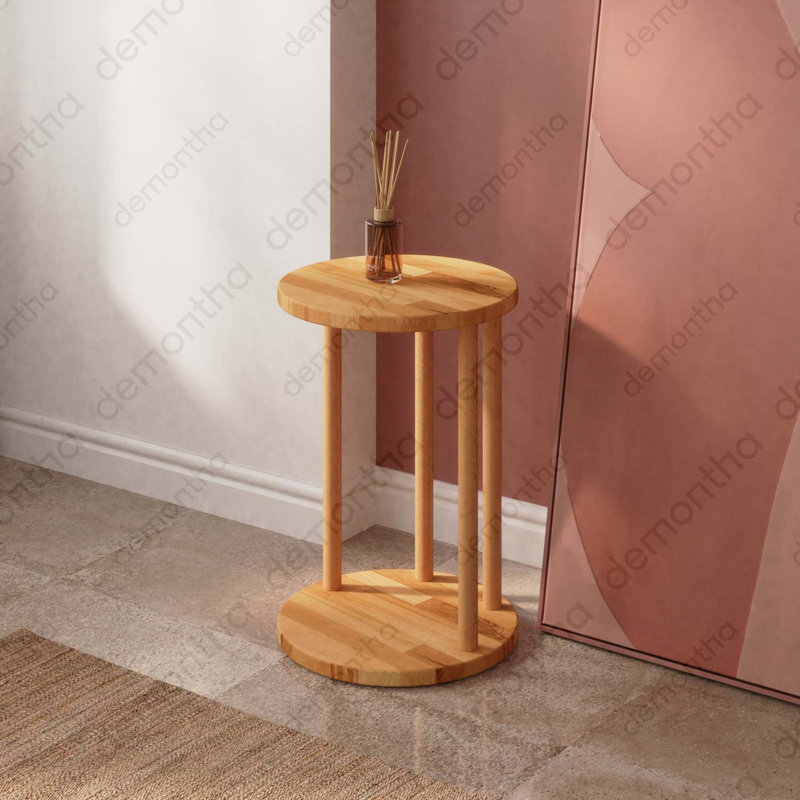 Table en C en bois massif Oswin, table d'appoint ronde en bois de hêtre pour canapé et petits espaces