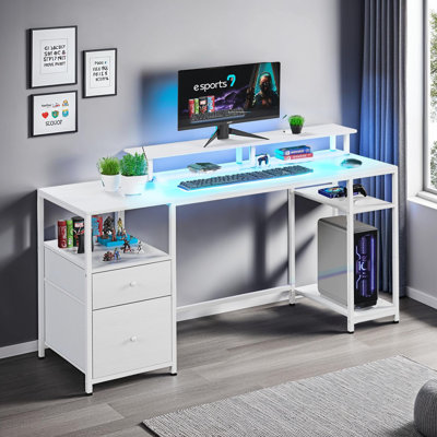 Colorful LED 61.2'' Gaming & Office Desk with Built-In Power Ports, Adjustable Shelves