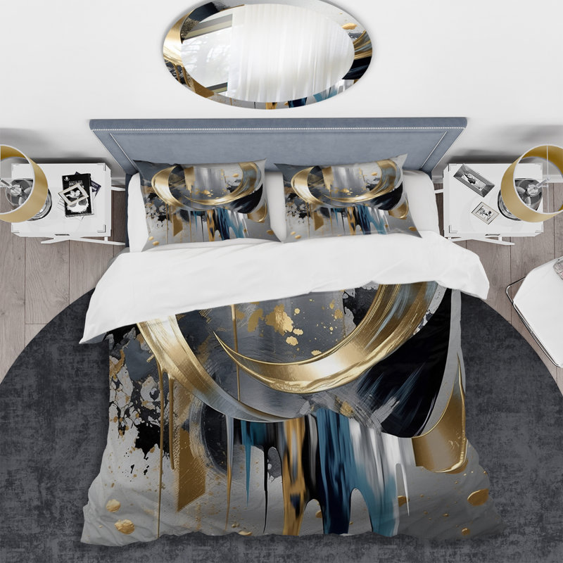 Queen Gray and Gold Abstract Marble Microfiber Duvet Cover Set