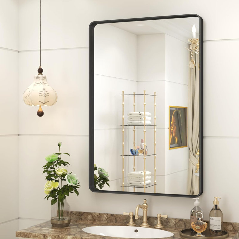 Molly Tempered Glass and Metal Framed French Cleat Mounted Wall Bathroom / Vanity Mirror, Black, 30'' x 24'', Rectangle 