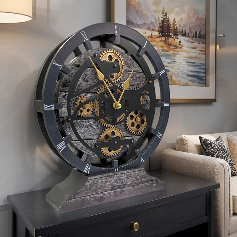 Horloge de cheminée ronde de 16 po pour le salon avec de vrais engrenages mobiles transformables en horloge murale (base détachable) Collection Canada  