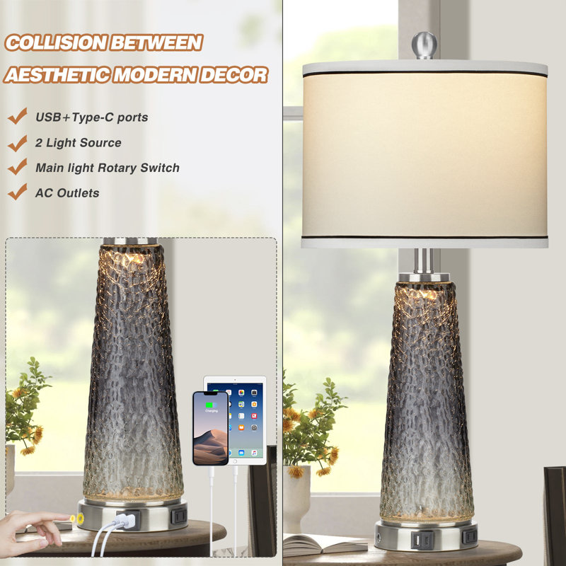 Taifa Glass Table Lamp with Nightlight and USB Charging Ports AC Outlet, Gray