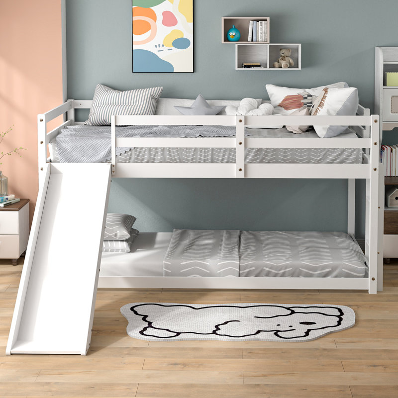 Low Bunk Bed with Slide, Floor Loft Bed with Climbing Ladder, Wood Twin Bunk Bed Frame with Full Guardrails & Storage Space for Kids Toddler