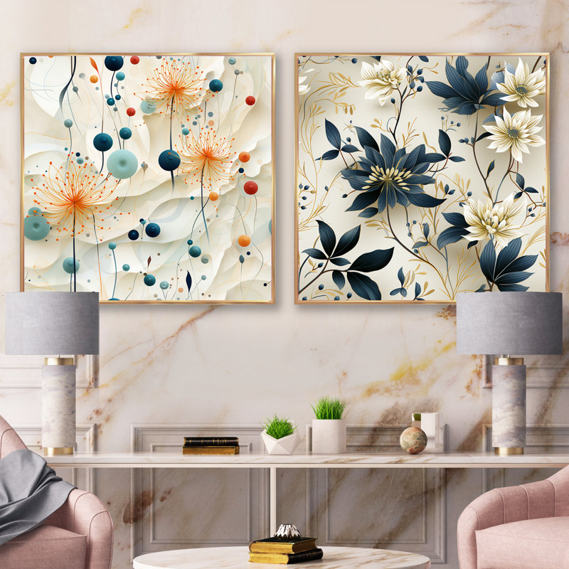 «Atnant Stillness Of Floral Spheres Gardens», ensemble de 2 collages carrés botaniques abstraits, Cadre flottant doré
