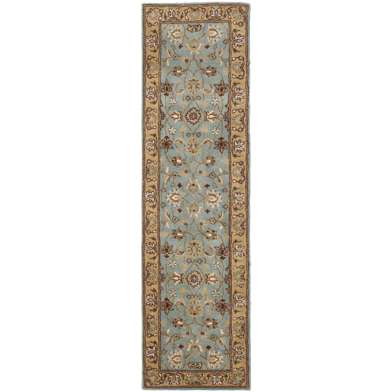 Tapis bleu / doré en laine touffeté à la main Cardwell, Tapis de couloir 2 pi 3 po x 10 pi