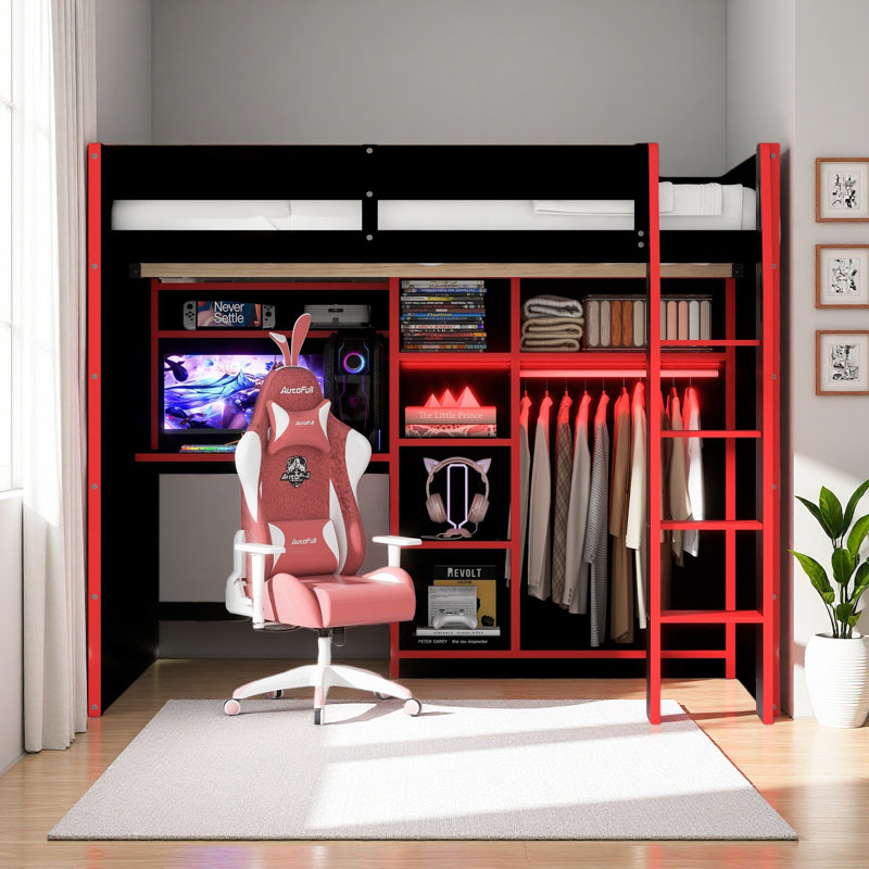 Lit mezzanine en bois pleine grandeur avec bureau, garde-robe ouverte, compartiments de rangement et lumières RVB, Rouge