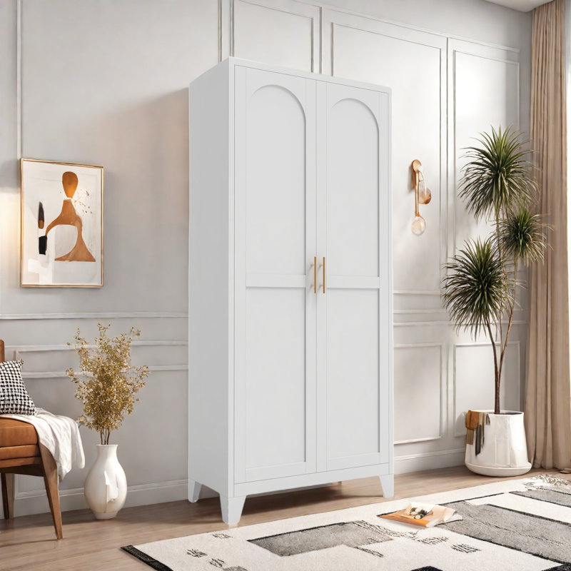 Garde-manger multifonctionnel en métal avec 2 portes, 4 tablettes réglables et poignées dorées, Blanc