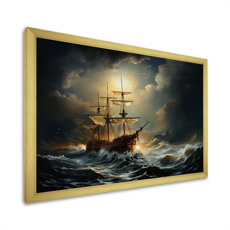 «Pirate Boat Carabian Legacy I», art mural pirate, Cadre doré à coins fermés, H 12 po x l 20 po x P 1 po
