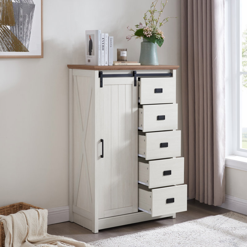 Farmhouse Accent Chest With Sliding Barn Door And 5 Drawers - Rustic Charm And Practical Storage, Oak/White