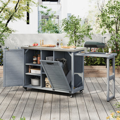 Oversized 78.3" Extendable Outdoor Kitchen Island, Solid Rolling Bar Cart with Stainless Steel Top & Trash Storage for Lawn Garden BBQ