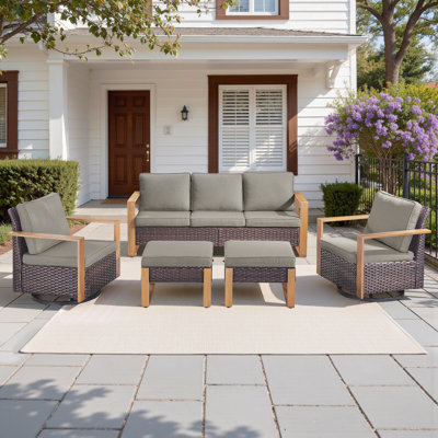 Allcot 5 Pieces Patio Furniture Set, Outdoor Wicker Sofa Couch with Rocking Swivel Chairs Comfy Cushions
