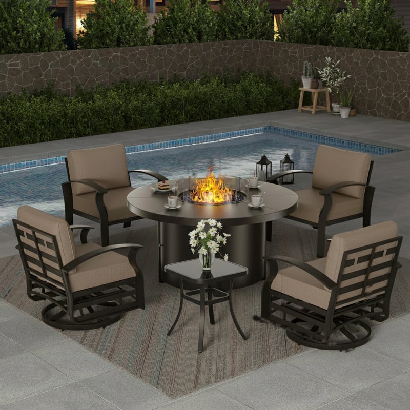 Outdoor Patio Aluminum 5-Piece Conversation Set Swivel&Glider Armchair With Round LP Fire Pit Table, Tanné