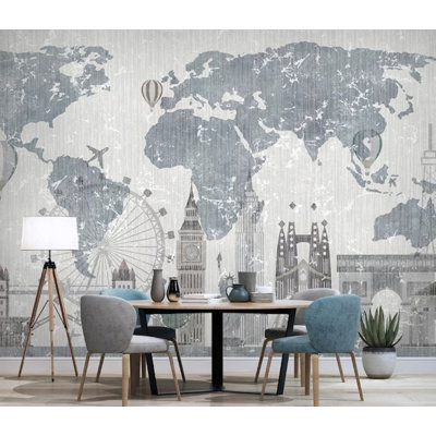 Monochrome City Symbols Maps Hot Air Balloons Removable Wallpaper