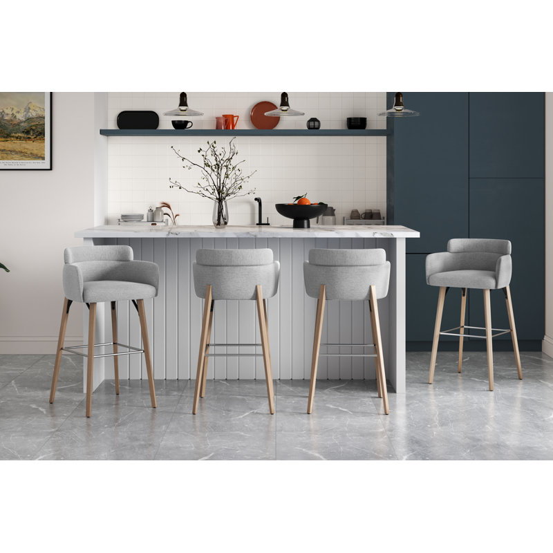 Modern 30" Bar Stool with Upholstered Barrel Back and Solid Wood Legs, Gray